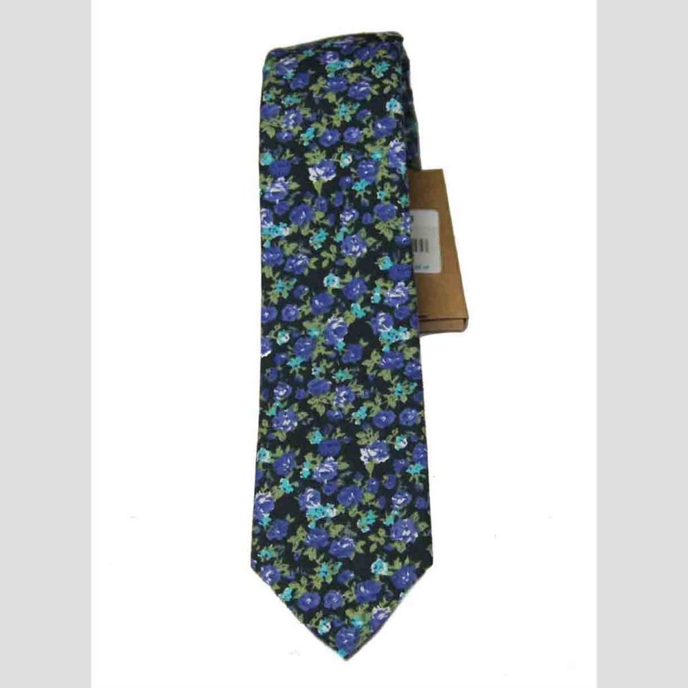 Narrow Floral Cotton Tie Black Blue Green Teal White Floral Men's